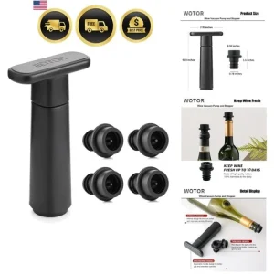 Wine Saver Vacuum Pump with 4 Stoppers, Wine Stopper & Preserver, Reusable Bo...